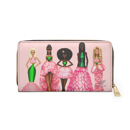 Zipper Wallet — Pink Fashion Dolls Illustration Wallet with Floral Gown Design