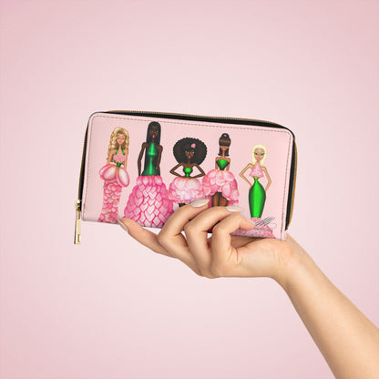 Zipper Wallet — Pink Fashion Dolls Illustration Wallet with Floral Gown Design