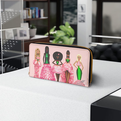 Zipper Wallet — Pink Fashion Dolls Illustration Wallet with Floral Gown Design