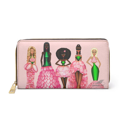 Zipper Wallet — Pink Fashion Dolls Illustration Wallet with Floral Gown Design